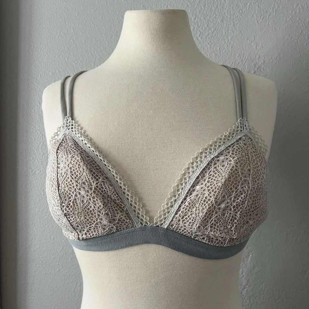 Victorias Secret Mesh Bralette Triangle Cups Adjustable Dot Lace Large Grey Gray